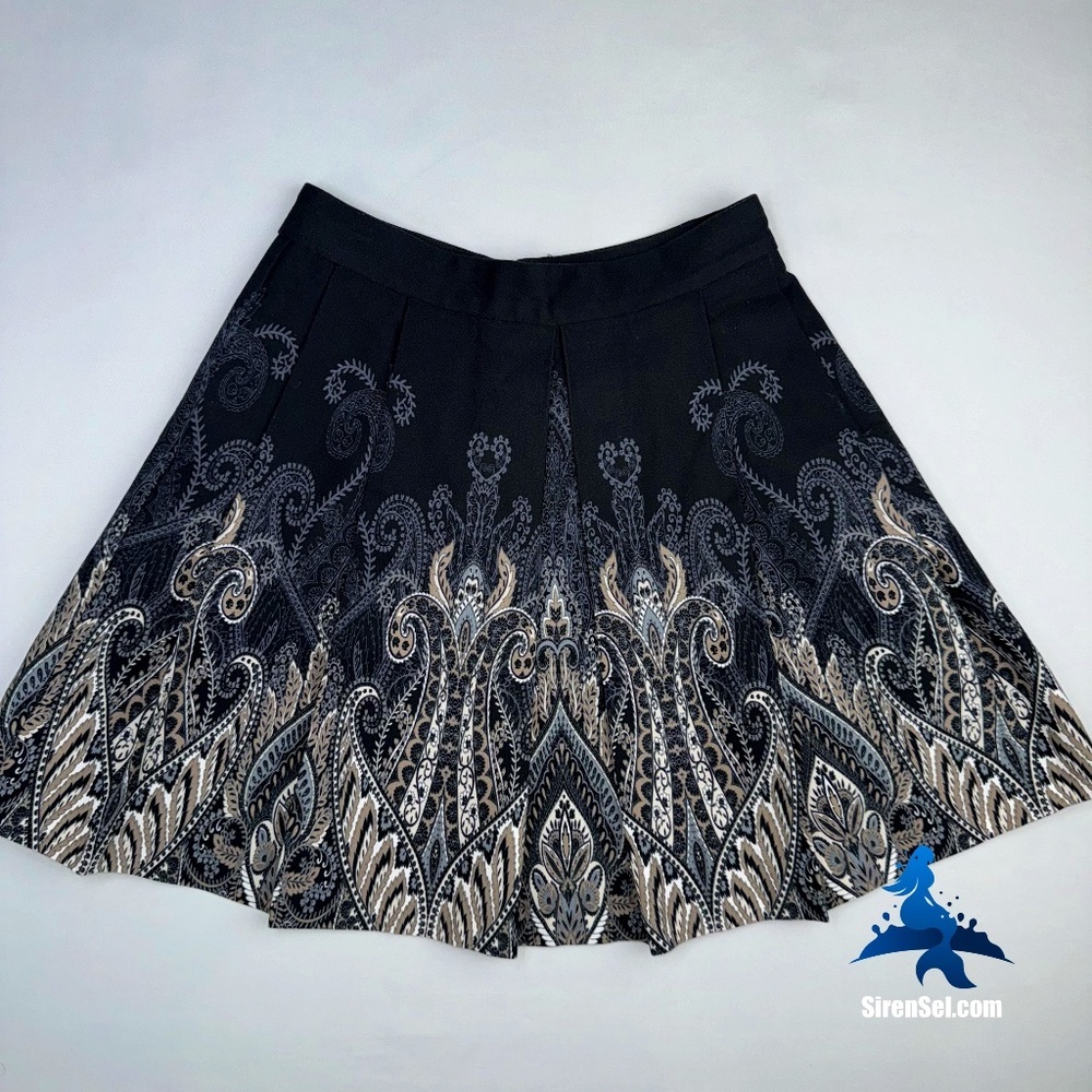 1043 Banana Republic A-Line Skirt Paisley Pleated - 00P - Black Warm Neutral